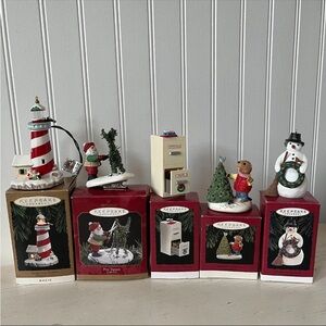 Hallmark Keepsake Ornament LOT of 5 Lighthouse, Topiary, Snowman, Beaver, Files